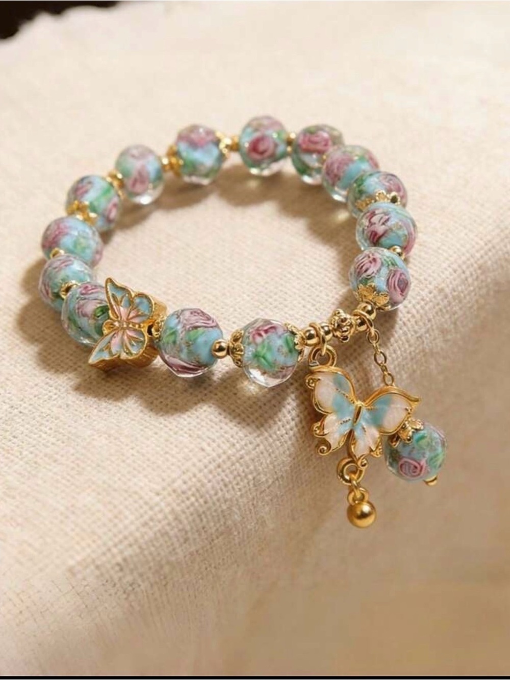 Vintage Floral Glass Bead Butterfly Bracelet – Gold Tone Charm Bracelet